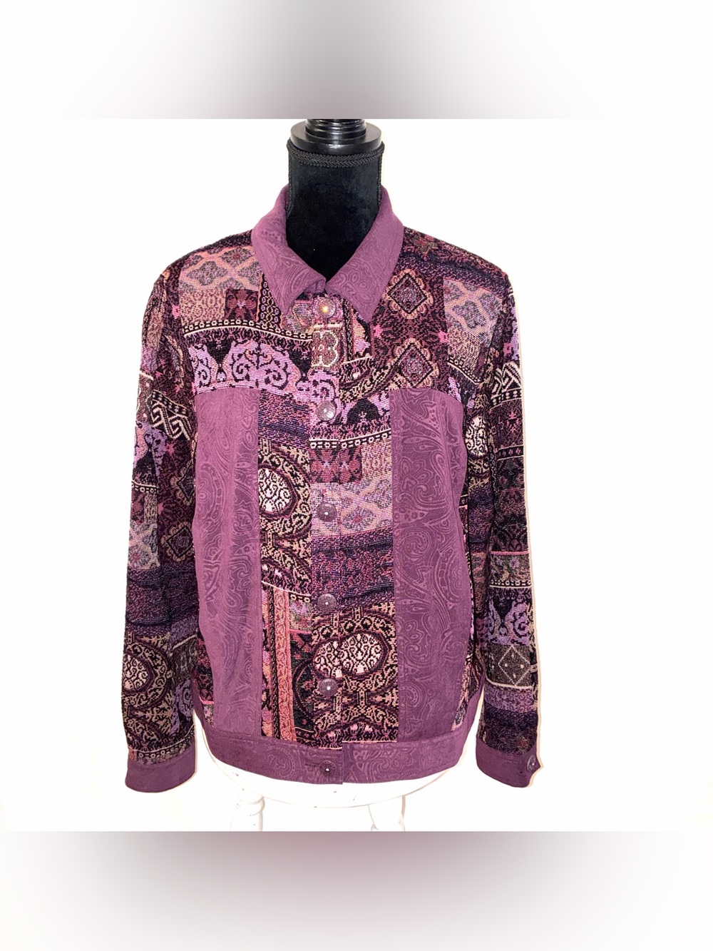 Vtg Breckenridge Womens Tapestry Patterned Purple Patchwork Jacket Size XL